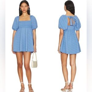 Free People Violet Puff Sleeve Tie Back Mini Dress December Sky Blue Size Small